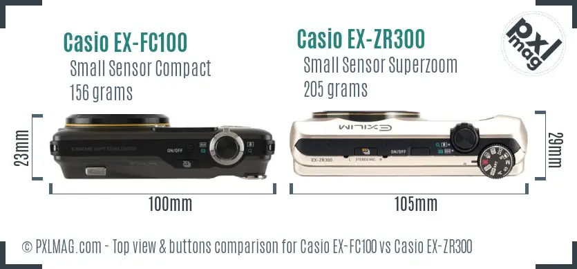 Casio EX-FC100 vs Casio EX-ZR300 top view buttons comparison