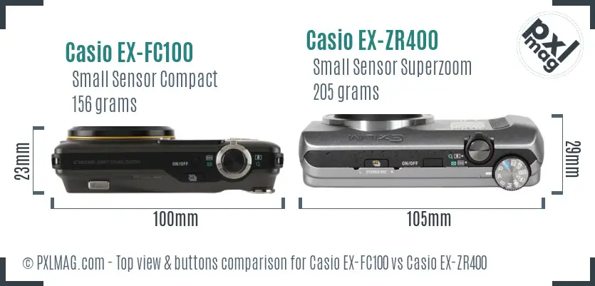 Casio EX-FC100 vs Casio EX-ZR400 top view buttons comparison