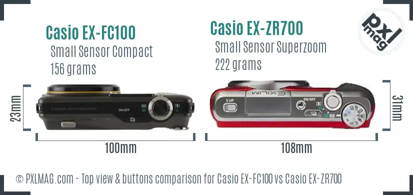 Casio EX-FC100 vs Casio EX-ZR700 top view buttons comparison