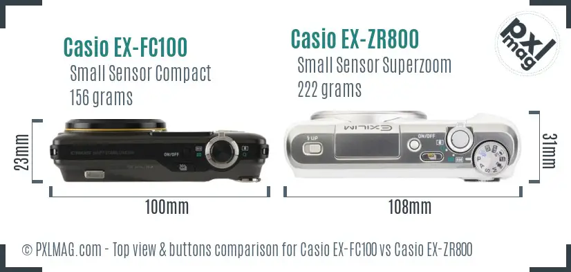 Casio EX-FC100 vs Casio EX-ZR800 top view buttons comparison