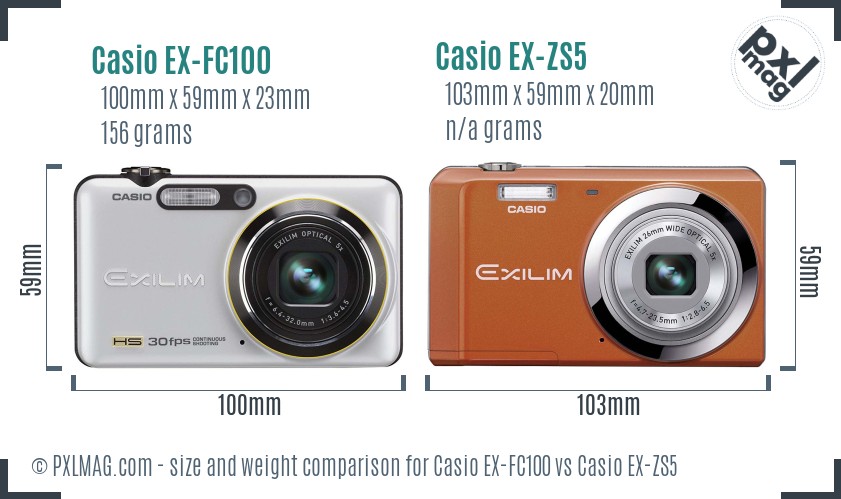Casio EX-FC100 vs Casio EX-ZS5 size comparison