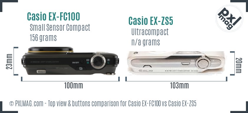 Casio EX-FC100 vs Casio EX-ZS5 top view buttons comparison