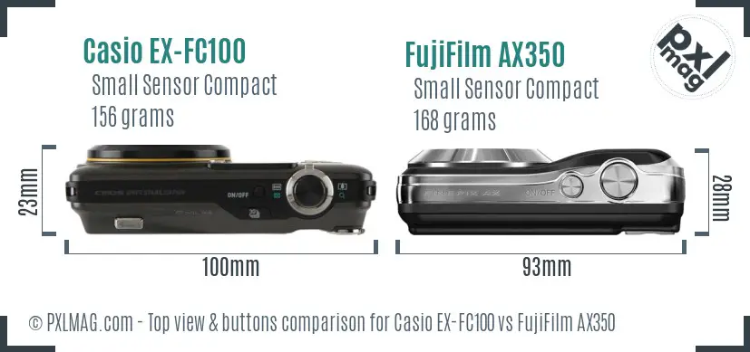 Casio EX-FC100 vs FujiFilm AX350 top view buttons comparison