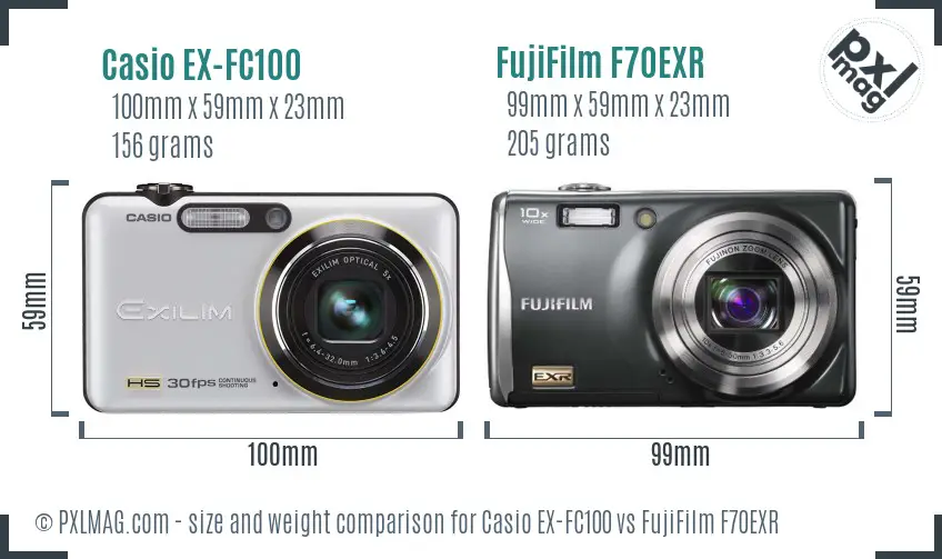 Casio EX-FC100 vs FujiFilm F70EXR size comparison Casio EX-FC100 vs FujiFilm F70EXR size comparison