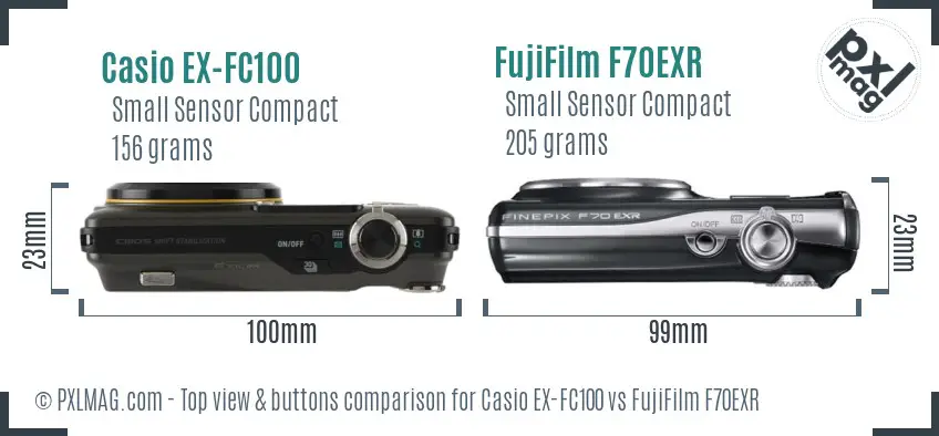 Casio EX-FC100 vs FujiFilm F70EXR top view buttons comparison Casio EX-FC100 vs FujiFilm F70EXR top view buttons comparison