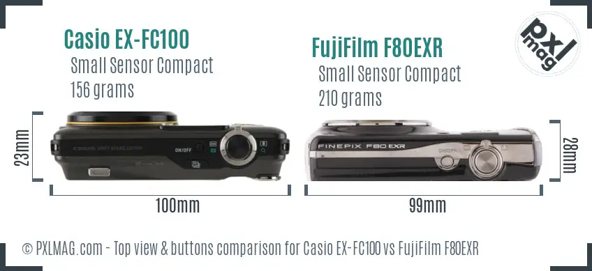 Casio EX-FC100 vs FujiFilm F80EXR top view buttons comparison Casio EX-FC100 vs FujiFilm F80EXR top view buttons comparison