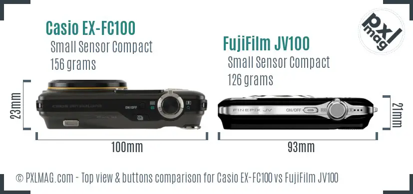 Casio EX-FC100 vs FujiFilm JV100 top view buttons comparison
