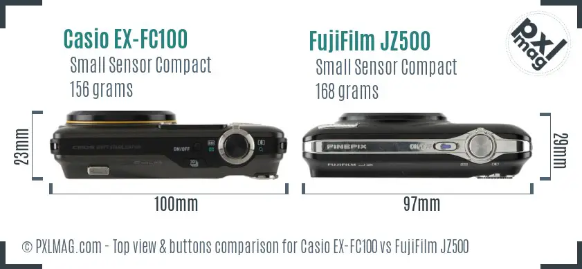 Casio EX-FC100 vs FujiFilm JZ500 top view buttons comparison