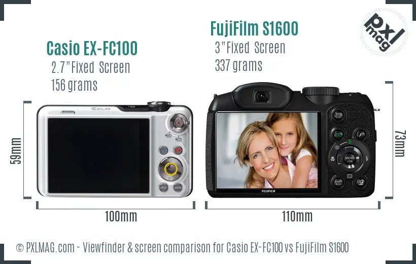 Casio EX-FC100 vs FujiFilm S1600 Screen and Viewfinder comparison