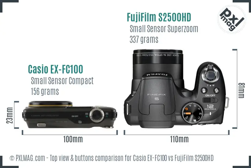 Casio EX-FC100 vs FujiFilm S2500HD top view buttons comparison Casio EX-FC100 vs FujiFilm S2500HD top view buttons comparison