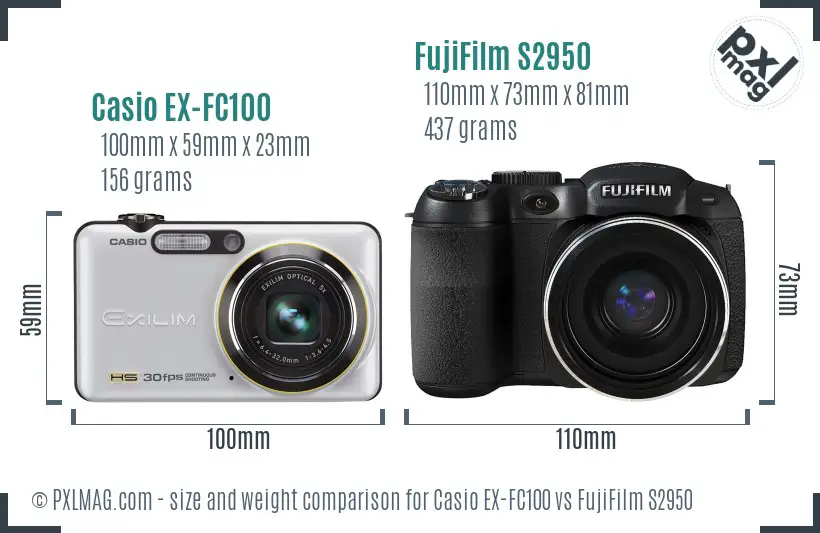 Casio EX-FC100 vs FujiFilm S2950 size comparison