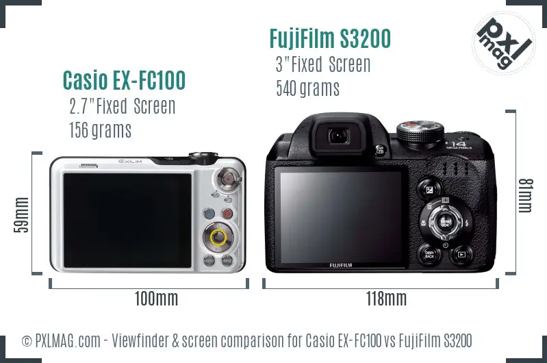 Casio EX-FC100 vs FujiFilm S3200 Screen and Viewfinder comparison