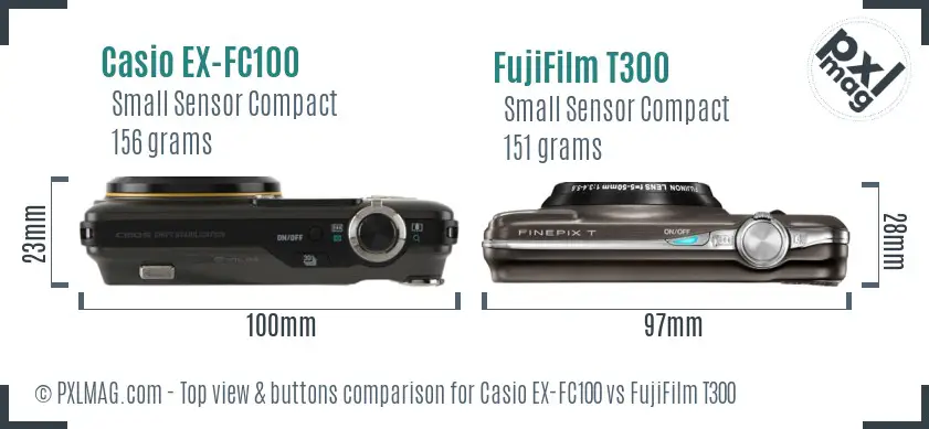 Casio EX-FC100 vs FujiFilm T300 top view buttons comparison