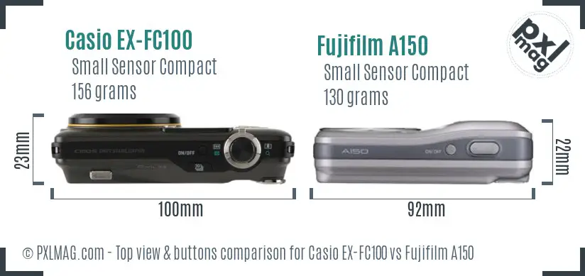 Casio EX-FC100 vs Fujifilm A150 top view buttons comparison Casio EX-FC100 vs Fujifilm A150 top view buttons comparison