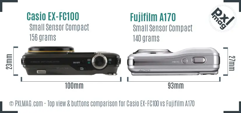 Casio EX-FC100 vs Fujifilm A170 top view buttons comparison Casio EX-FC100 vs Fujifilm A170 top view buttons comparison