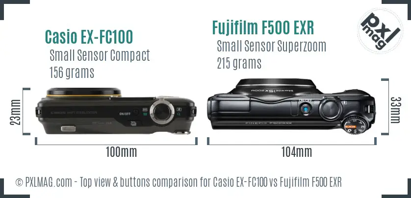 Casio EX-FC100 vs Fujifilm F500 EXR top view buttons comparison