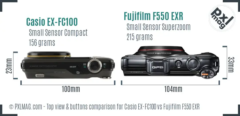 Casio EX-FC100 vs Fujifilm F550 EXR top view buttons comparison