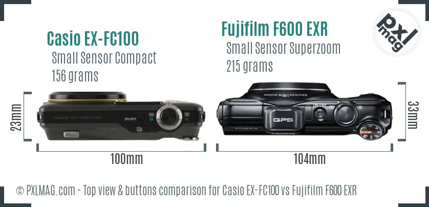 Casio EX-FC100 vs Fujifilm F600 EXR top view buttons comparison