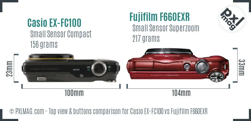 Casio EX-FC100 vs Fujifilm F660EXR top view buttons comparison
