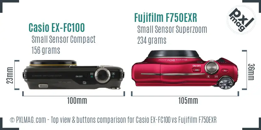 Casio EX-FC100 vs Fujifilm F750EXR top view buttons comparison Casio EX-FC100 vs Fujifilm F750EXR top view buttons comparison