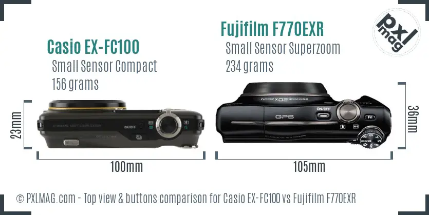 Casio EX-FC100 vs Fujifilm F770EXR top view buttons comparison Casio EX-FC100 vs Fujifilm F770EXR top view buttons comparison