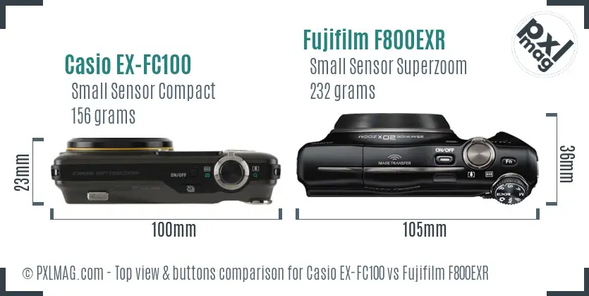 Casio EX-FC100 vs Fujifilm F800EXR top view buttons comparison