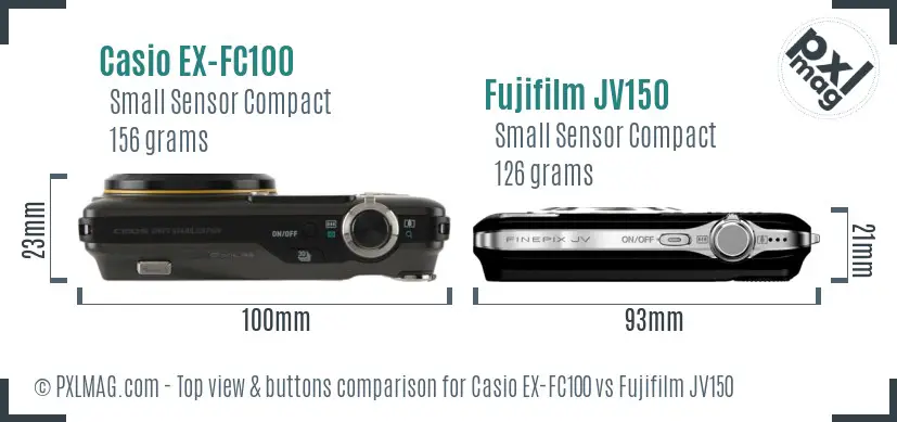 Casio EX-FC100 vs Fujifilm JV150 top view buttons comparison