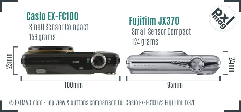 Casio EX-FC100 vs Fujifilm JX370 top view buttons comparison Casio EX-FC100 vs Fujifilm JX370 top view buttons comparison