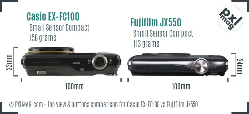 Casio EX-FC100 vs Fujifilm JX550 top view buttons comparison Casio EX-FC100 vs Fujifilm JX550 top view buttons comparison