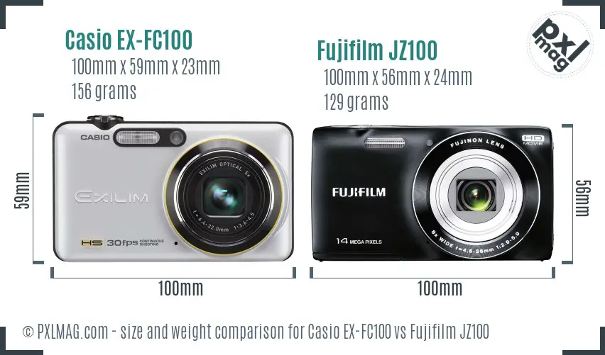 Casio EX-FC100 vs Fujifilm JZ100 size comparison Casio EX-FC100 vs Fujifilm JZ100 size comparison