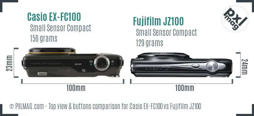 Casio EX-FC100 vs Fujifilm JZ100 top view buttons comparison Casio EX-FC100 vs Fujifilm JZ100 top view buttons comparison