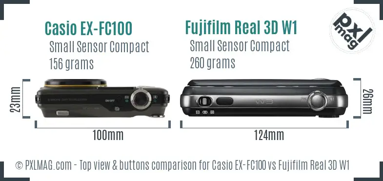 Casio EX-FC100 vs Fujifilm Real 3D W1 top view buttons comparison