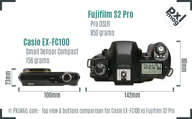 Casio EX-FC100 vs Fujifilm S2 Pro top view buttons comparison