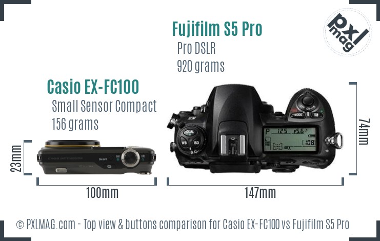 Casio EX-FC100 vs Fujifilm S5 Pro top view buttons comparison