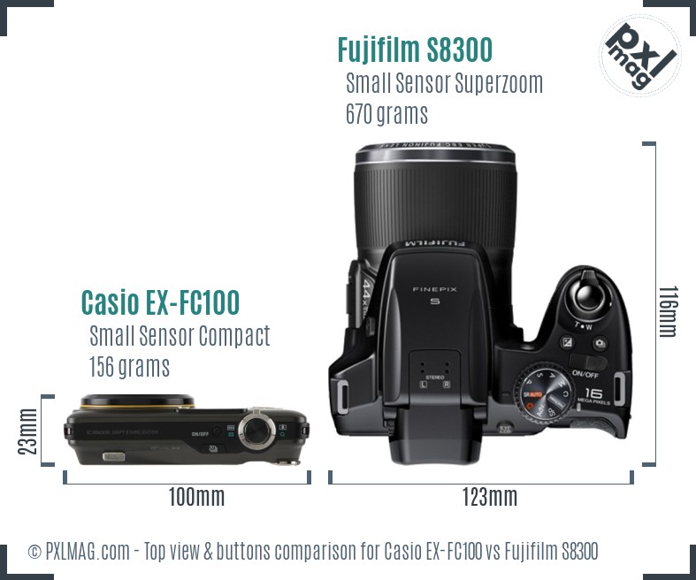 Casio EX-FC100 vs Fujifilm S8300 top view buttons comparison