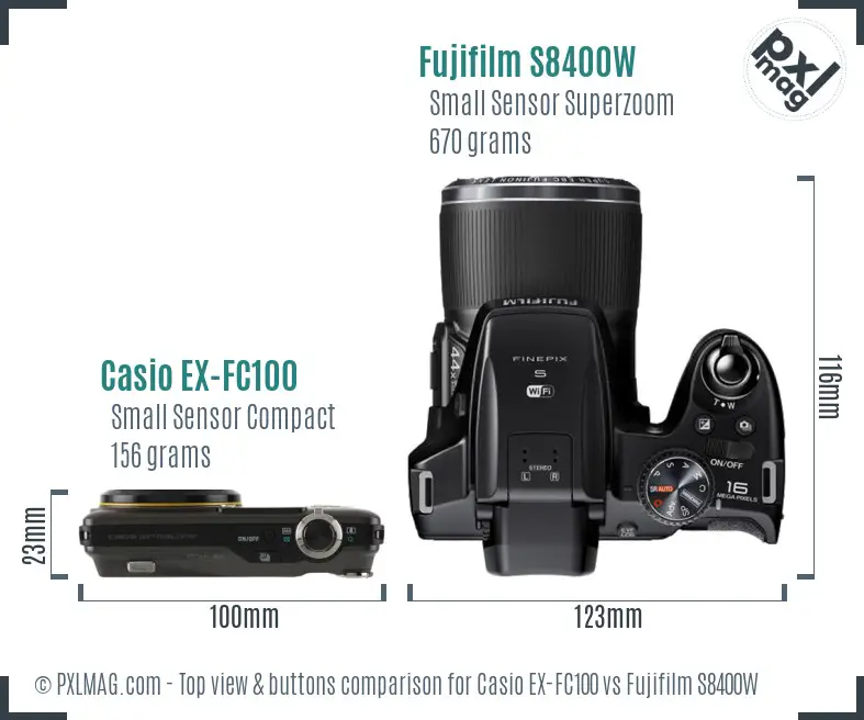 Casio EX-FC100 vs Fujifilm S8400W top view buttons comparison Casio EX-FC100 vs Fujifilm S8400W top view buttons comparison