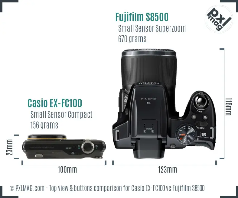Casio EX-FC100 vs Fujifilm S8500 top view buttons comparison
