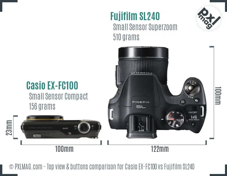 Casio EX-FC100 vs Fujifilm SL240 top view buttons comparison Casio EX-FC100 vs Fujifilm SL240 top view buttons comparison