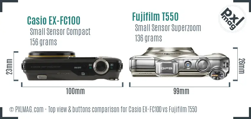 Casio EX-FC100 vs Fujifilm T550 top view buttons comparison