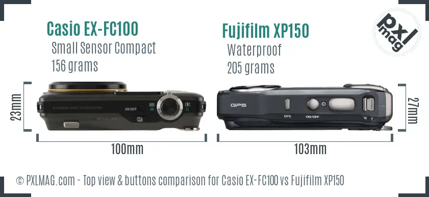 Casio EX-FC100 vs Fujifilm XP150 top view buttons comparison Casio EX-FC100 vs Fujifilm XP150 top view buttons comparison