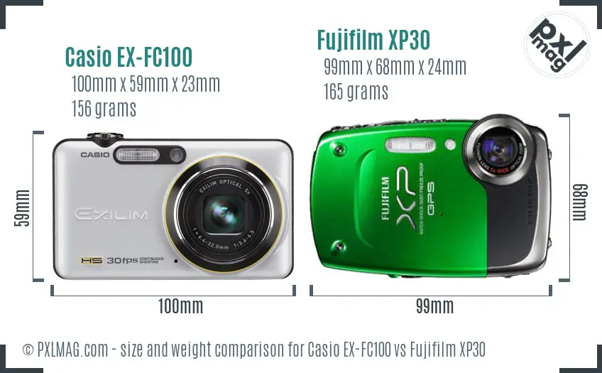 Casio EX-FC100 vs Fujifilm XP30 size comparison