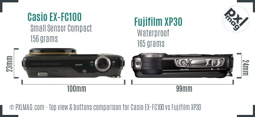 Casio EX-FC100 vs Fujifilm XP30 top view buttons comparison