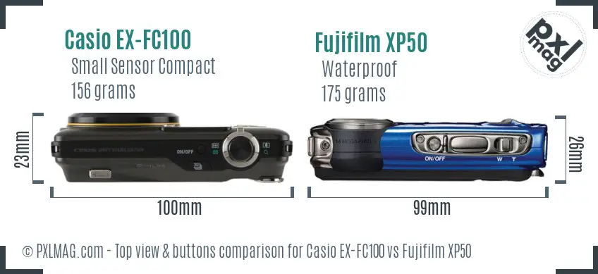 Casio EX-FC100 vs Fujifilm XP50 top view buttons comparison Casio EX-FC100 vs Fujifilm XP50 top view buttons comparison