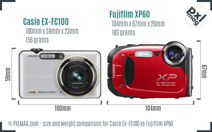 Casio EX-FC100 vs Fujifilm XP60 size comparison