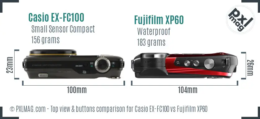 Casio EX-FC100 vs Fujifilm XP60 top view buttons comparison