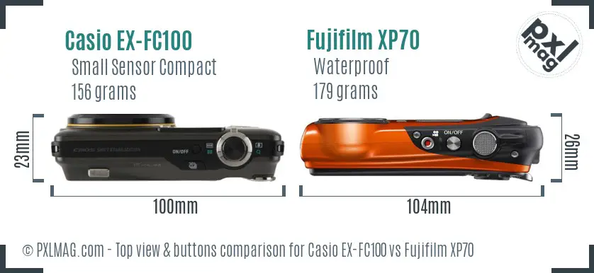 Casio EX-FC100 vs Fujifilm XP70 top view buttons comparison