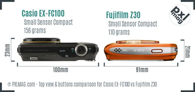 Casio EX-FC100 vs Fujifilm Z30 top view buttons comparison