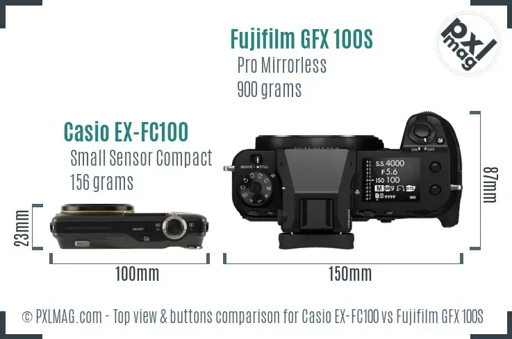 Casio EX-FC100 vs Fujifilm GFX 100S top view buttons comparison