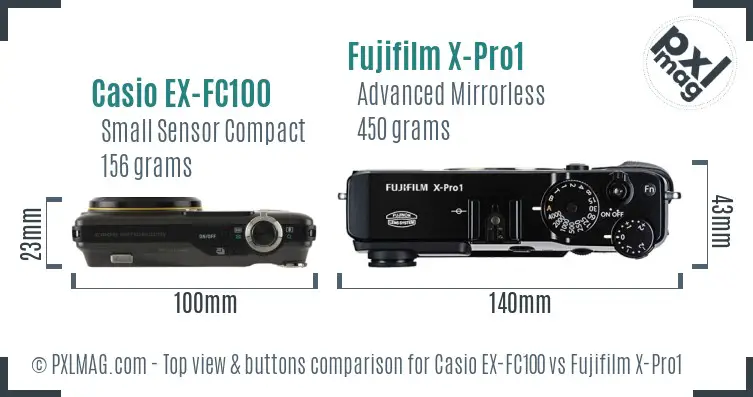 Casio EX-FC100 vs Fujifilm X-Pro1 top view buttons comparison