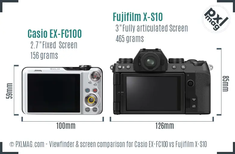 Casio EX-FC100 vs Fujifilm X-S10 Screen and Viewfinder comparison